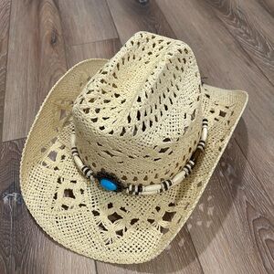 Beige Straw Cowboy Hat with Beaded Band